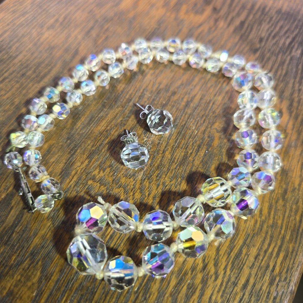 Vintage Aurora Borealis Crystal necklace and earring set. (1950s - 1960s)